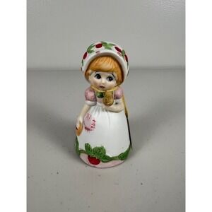 Vintage Jasco Strawberry Patches Bisque Porcelain Bell Figurine Girl 1980